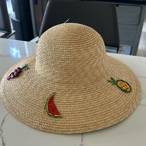 Wide Brim Sun Hat 100% Straw Watermelon Pineapple Grapes Fruit